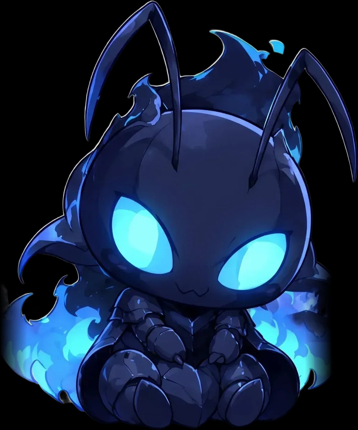 Chibi Beru: a small dark ant knight with glowing cyan eyes, wrapped in blue flame