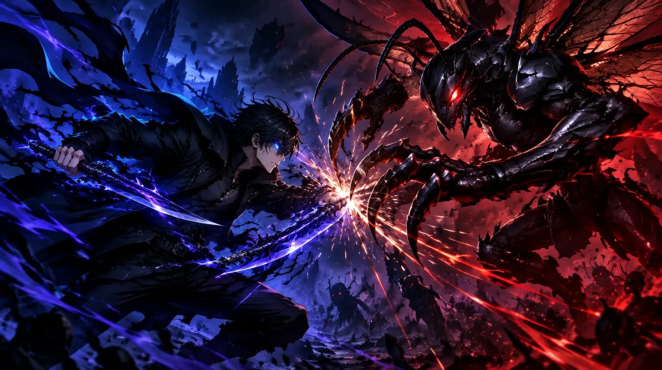 Sung Jinwoo, wreathed in blue shadow, clashes daggers against the Ant King's claws