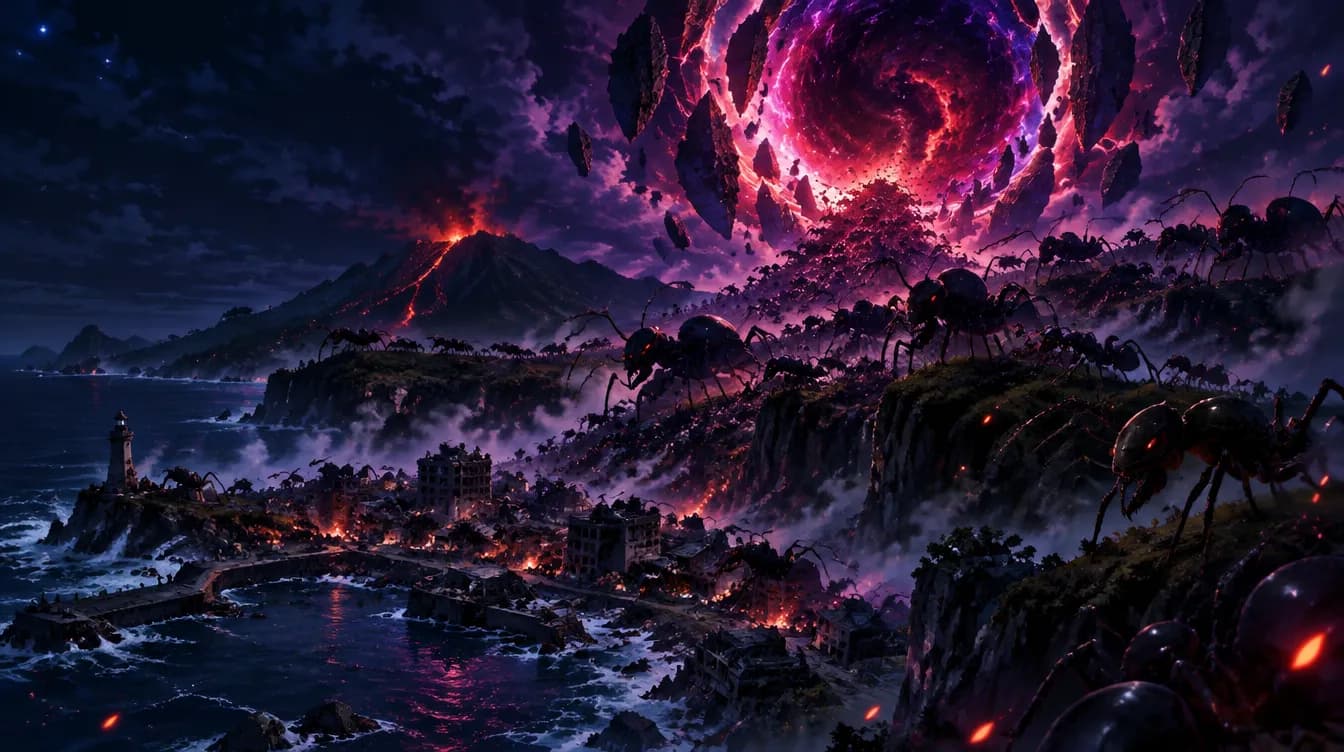 A cracked dimensional gate above Jeju Island as giant ants swarm the coast