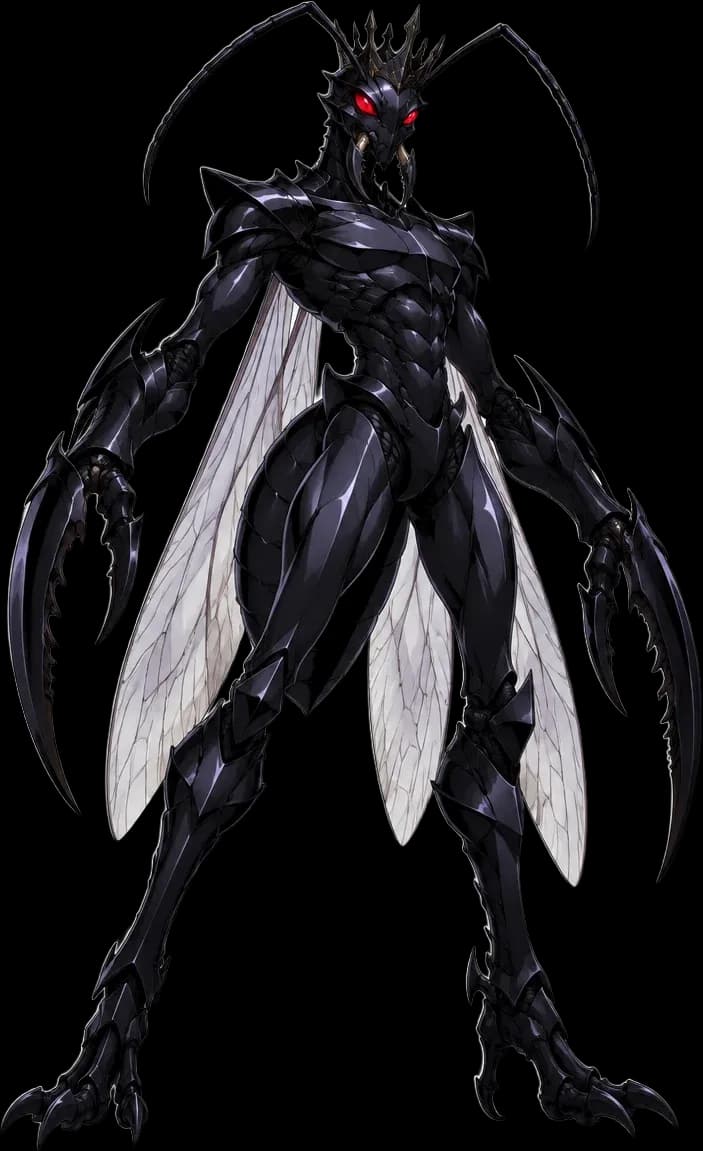 The Ant King: a tall humanoid ant in black chitin armor with red eyes, claws, and insect wings