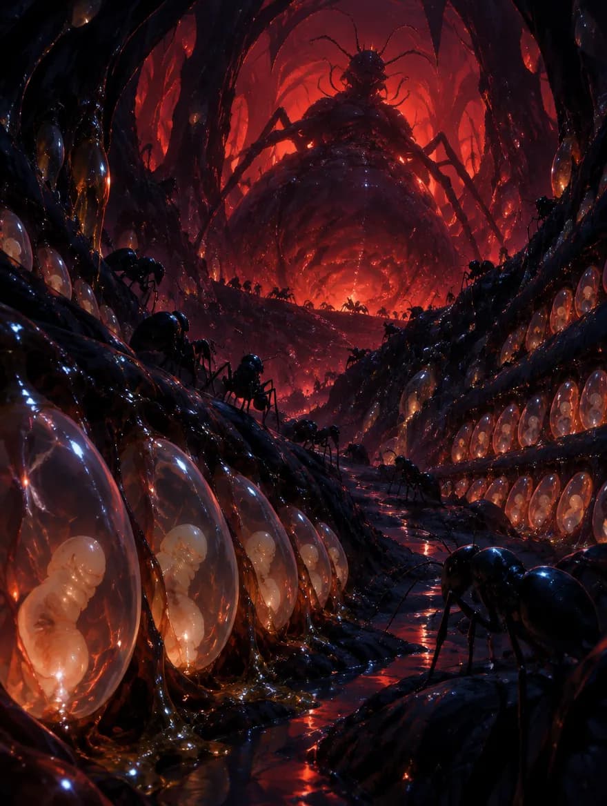The Queen Ant's hive under Jeju, lined with glowing eggs