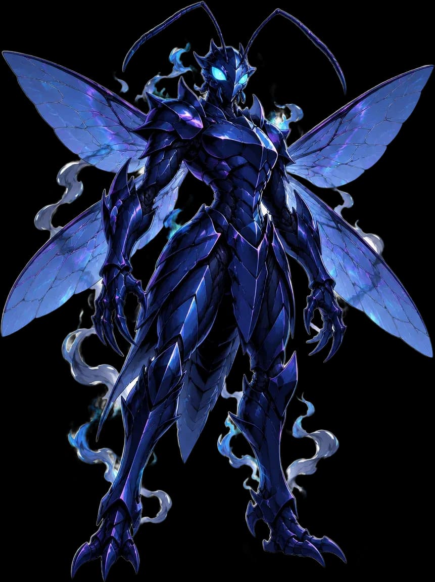 Beru as a shadow soldier: midnight-blue chitin armor, spread wings, cyan eyes, blue flame aura